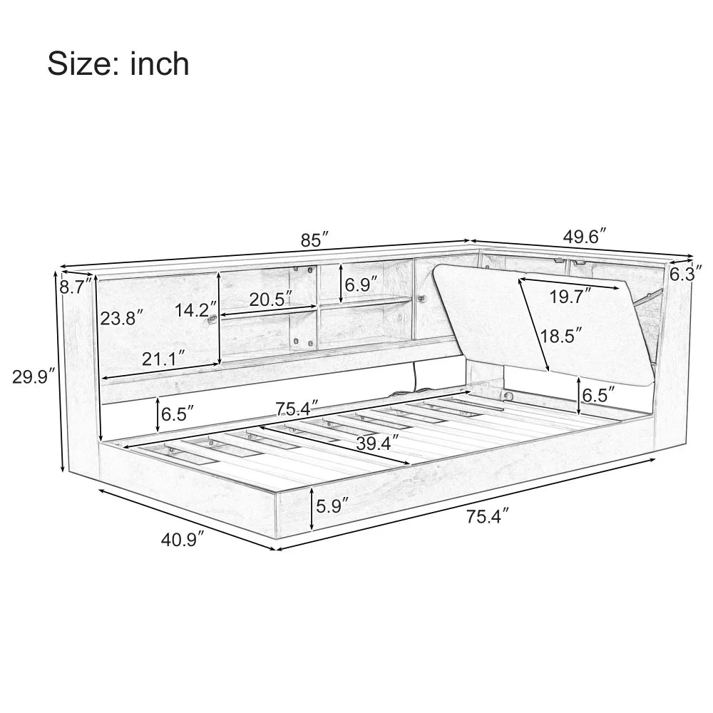 Wooden Twin Size L-shaped Daybed Floor Corner Bed with Storage Bookcase and Upholstered Headboard and USB Charging Ports White