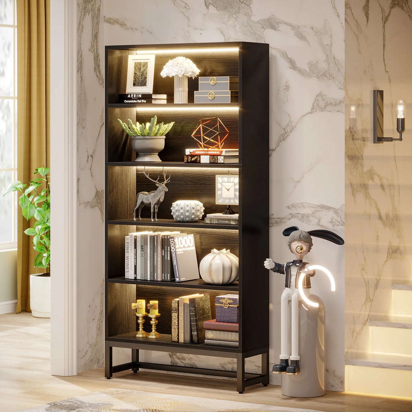 Tribesigns Tall Black Bookshelf 70.8 Inch Large Bookcase Organizer with LED Lights Heavy Duty Library Bookcase