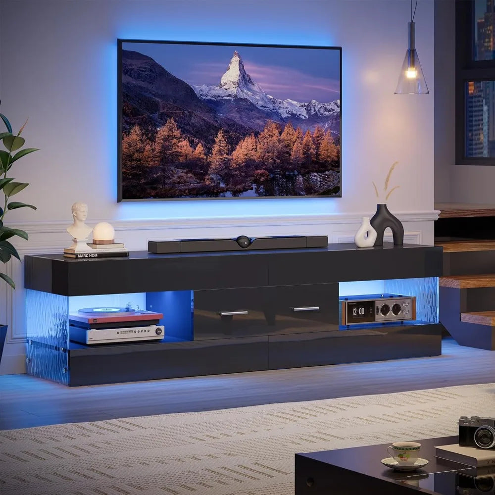 MKDK Modern LED TV Stand With Stone Pattern Panels