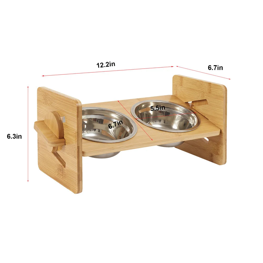 Adjustable Bamboo Elevated Dog Bowl Stand With 2 Bowls