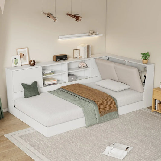 Wooden Twin Size L-shaped Daybed Floor Corner Bed with Storage Bookcase and Upholstered Headboard and USB Charging Ports White