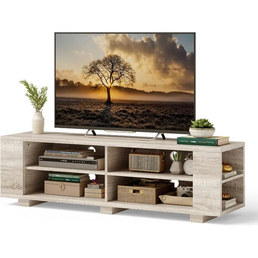 Tangkula Wood TV Stand for TVs up to 65 Inch Flat Screen,Modern Entertainment Center with 8 Open Shelves, (White Oak)