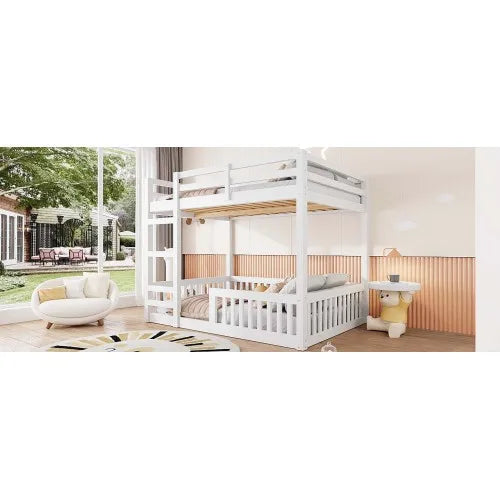 Solid wood bunk bed, minimalist design, with ladder and guardrail, white