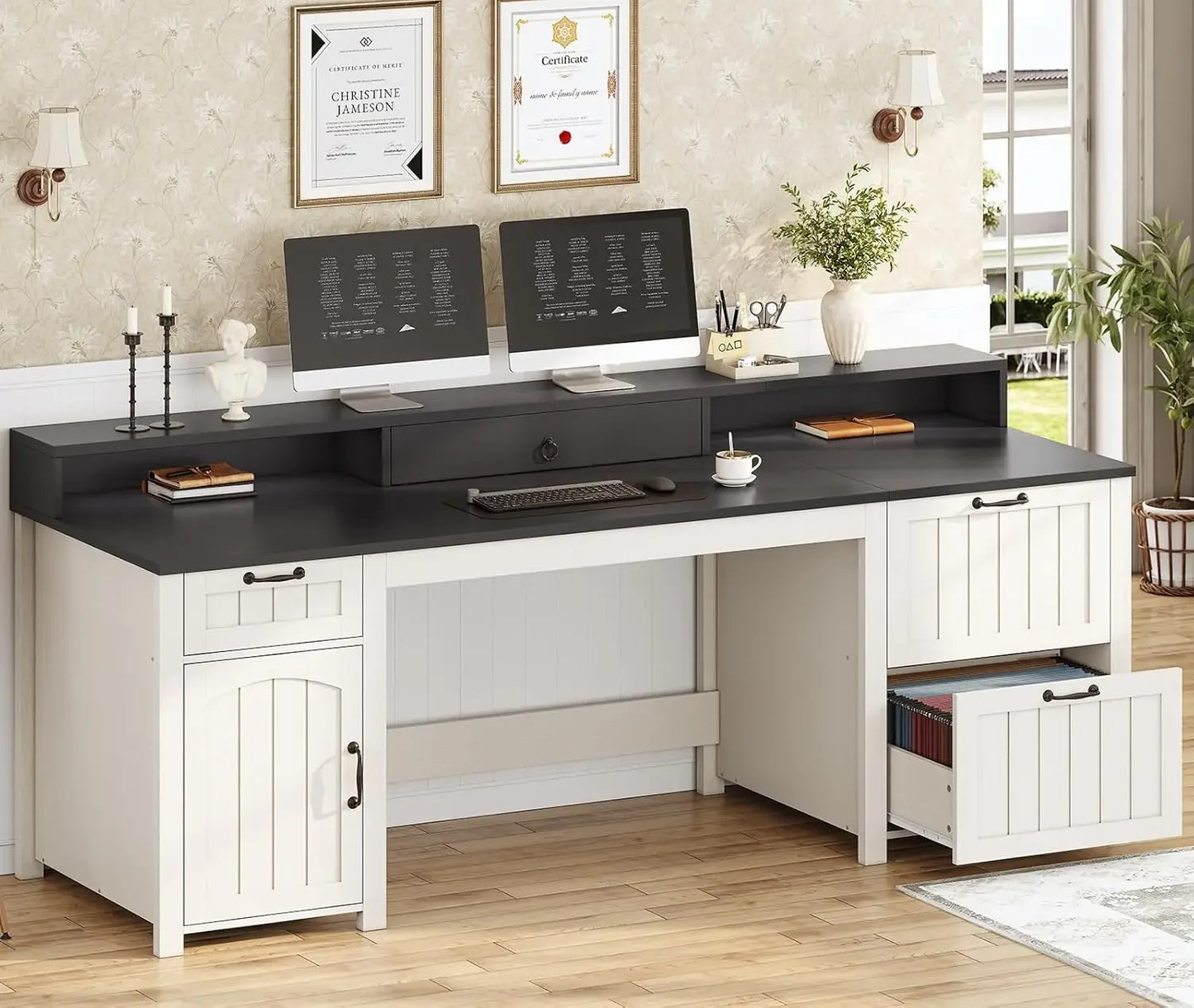 Farmhouse 63 Inch Executive L Shape Desk With Storage
