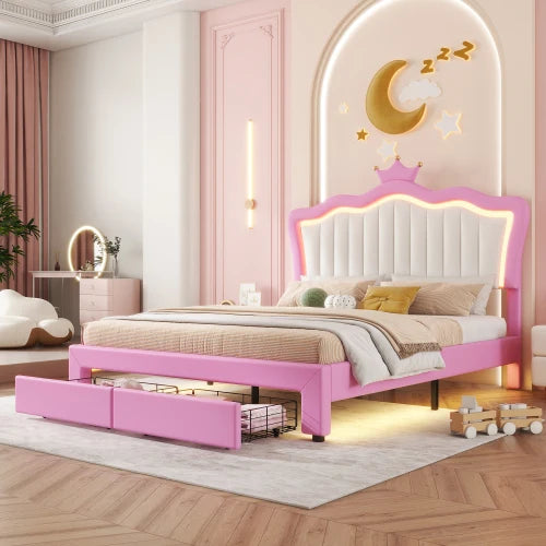 Full Size Padded Princess Bed Frame With LED Lights