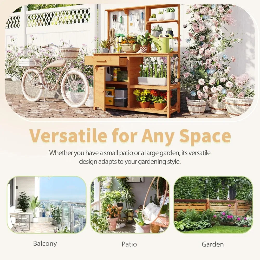 Outdoor Fir Wood Potting Bench Hutch 4 Shelves Drawer Adjustable Storage