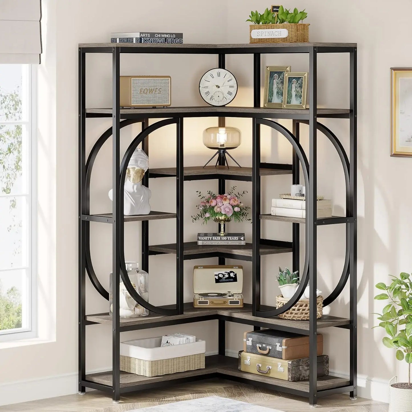 7 Shelf L Shaped Corner Bookshelf With Metal Frame Storage