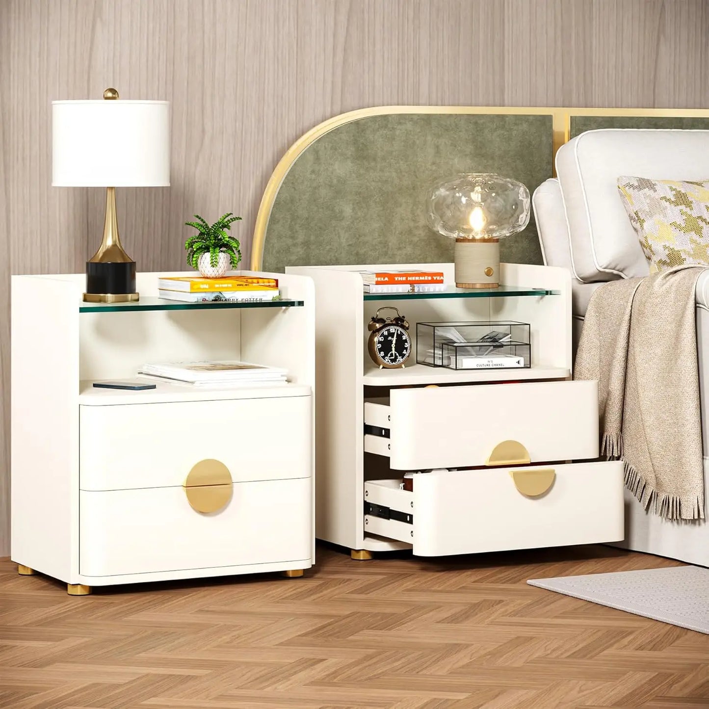 Modern White Nightstand With 2 Drawers And Shelf For Bedroom