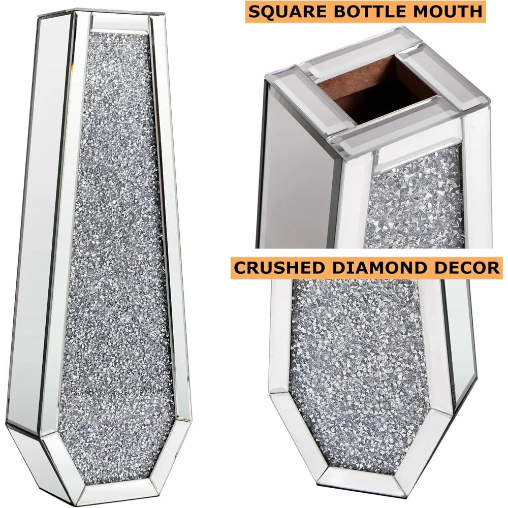 Crushed Diamond Floor Vases Mirrored Glass Finish Set Of Two