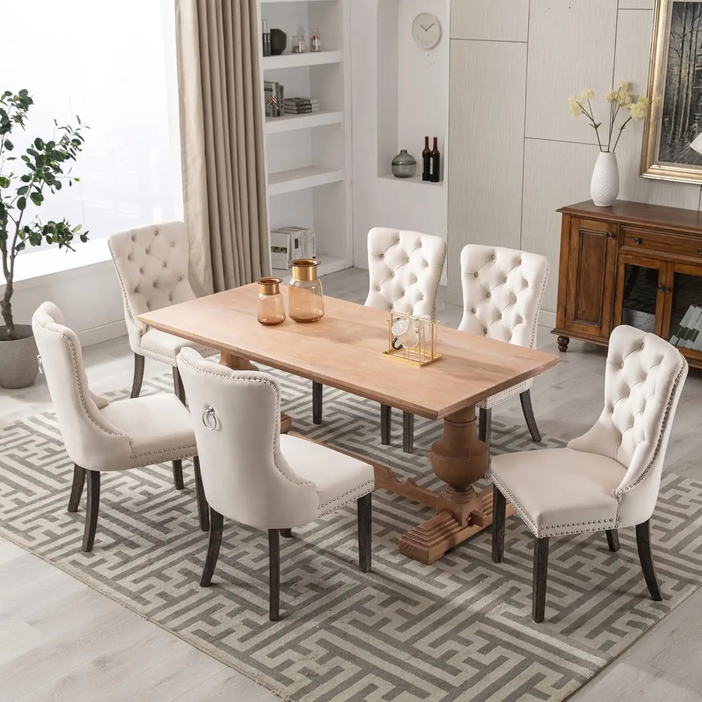 Velvet Dining Chairs Set of 6 Upholstered High End Tufted Dining Room Chairs with Nailhead Back Ring Pull Trim Solid Wood Legs Nikki Collection Modern Style for Kitchen Beige