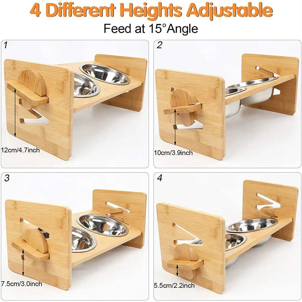 Adjustable Bamboo Elevated Dog Bowl Stand With 2 Bowls