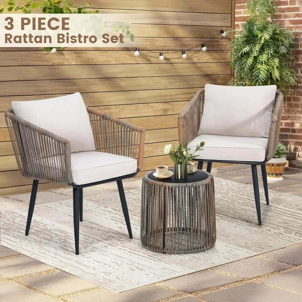 3 Piece Rattan Bistro Set For Balcony Patio Outdoor