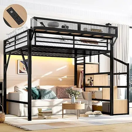 XMSJ Metal Loft Bed With Storage Stairs USBPorts Frame