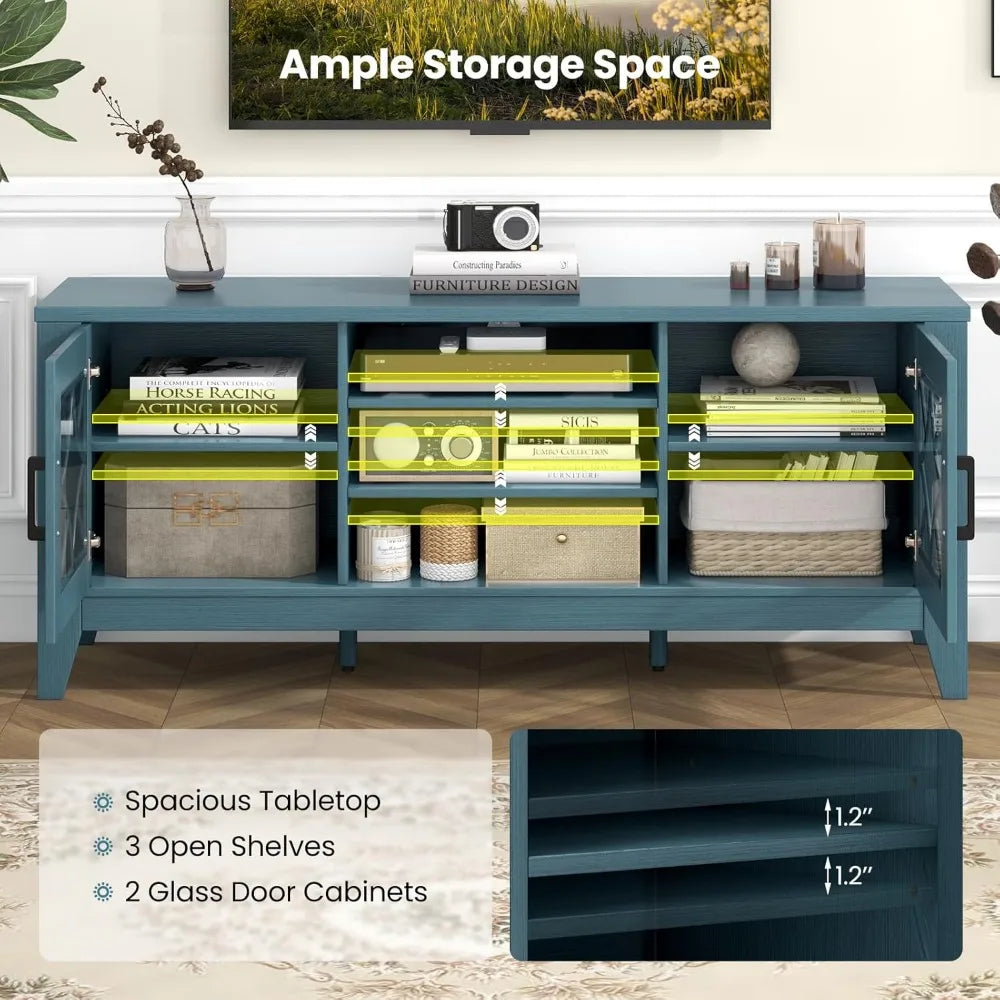 Farmhouse TV Stand For Up To 65 Inch TVs Teal Blue Storage