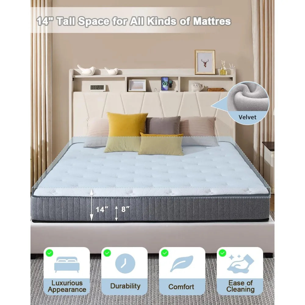 Full Size Velvet Upholstered LED Platform Bed With Storage