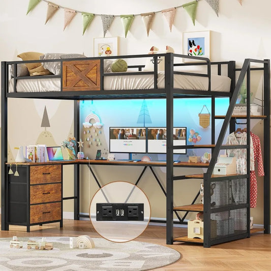 MKDK Metal Loft Bed With L Shaped Desk And Wardrobe Storage Stairs