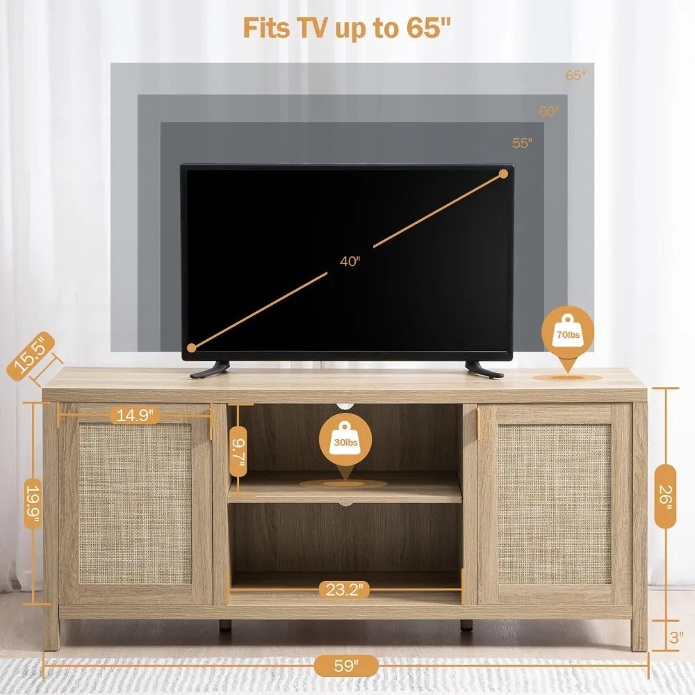Rattan TV Stand 59 Inch Boho Console With Storage Shelf