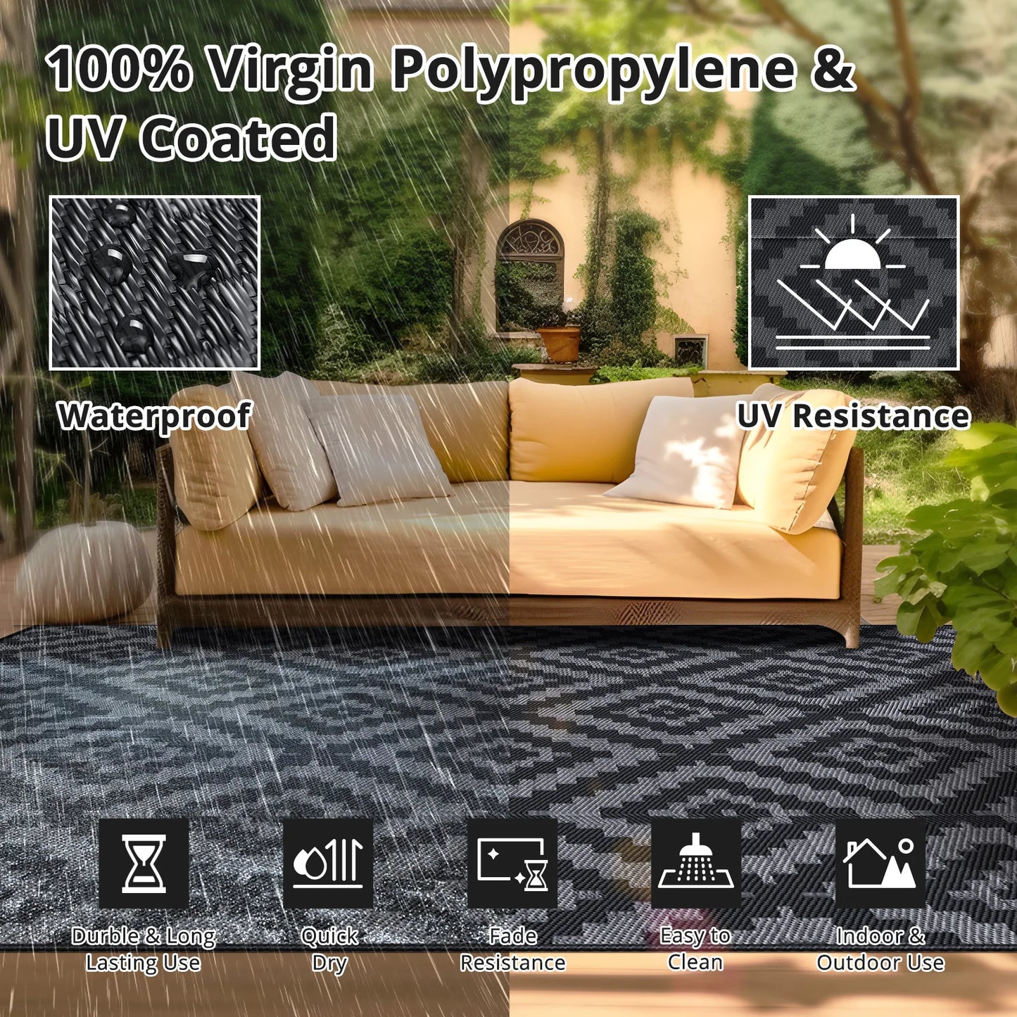 Outdoor Geometric Reversible Polyester Rug For Patio And Deck Waterproof Durable