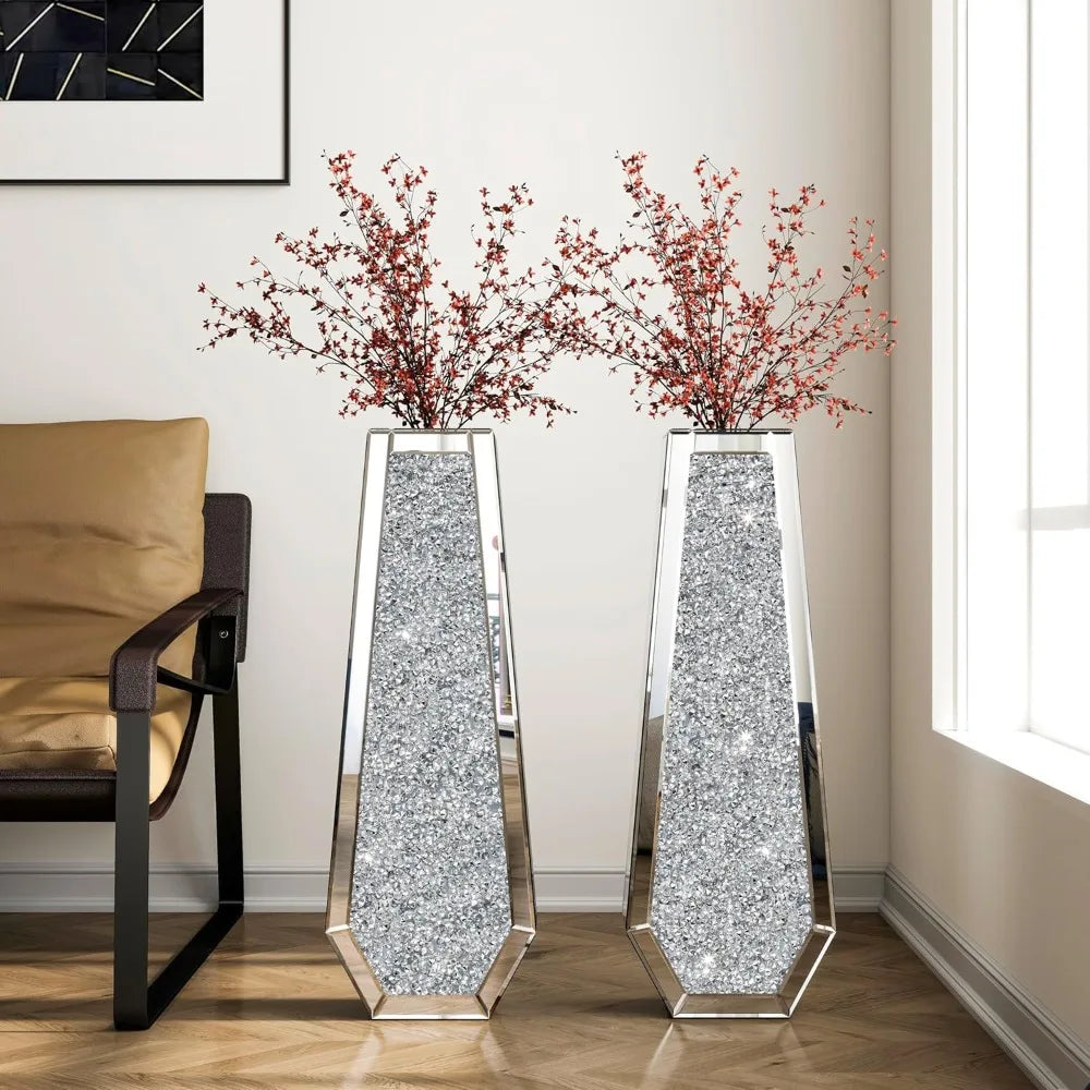 Crushed Diamond Floor Vases Mirrored Glass Finish Set Of Two