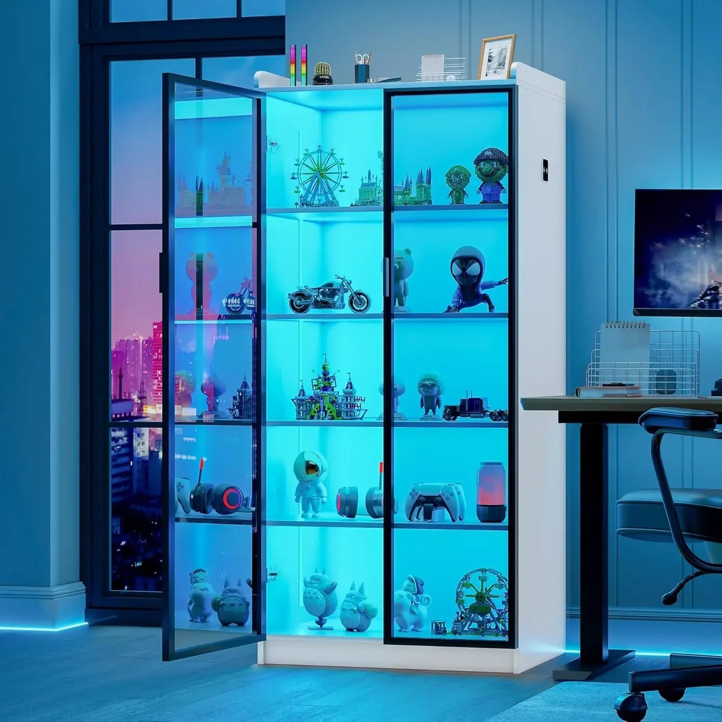 65 Inch LED 5 Tier Bookcase Display Cabinet Modern Home