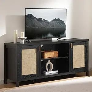Rattan TV Stand 59 Inch Boho Console With Storage Shelf