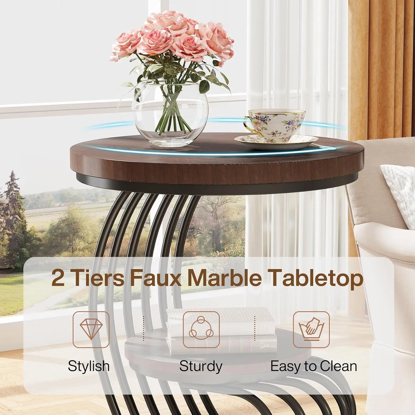 Round End Side Table with Two Tiers Storage Shelves Small Bedside Accent Table with Arc Shaped Frame