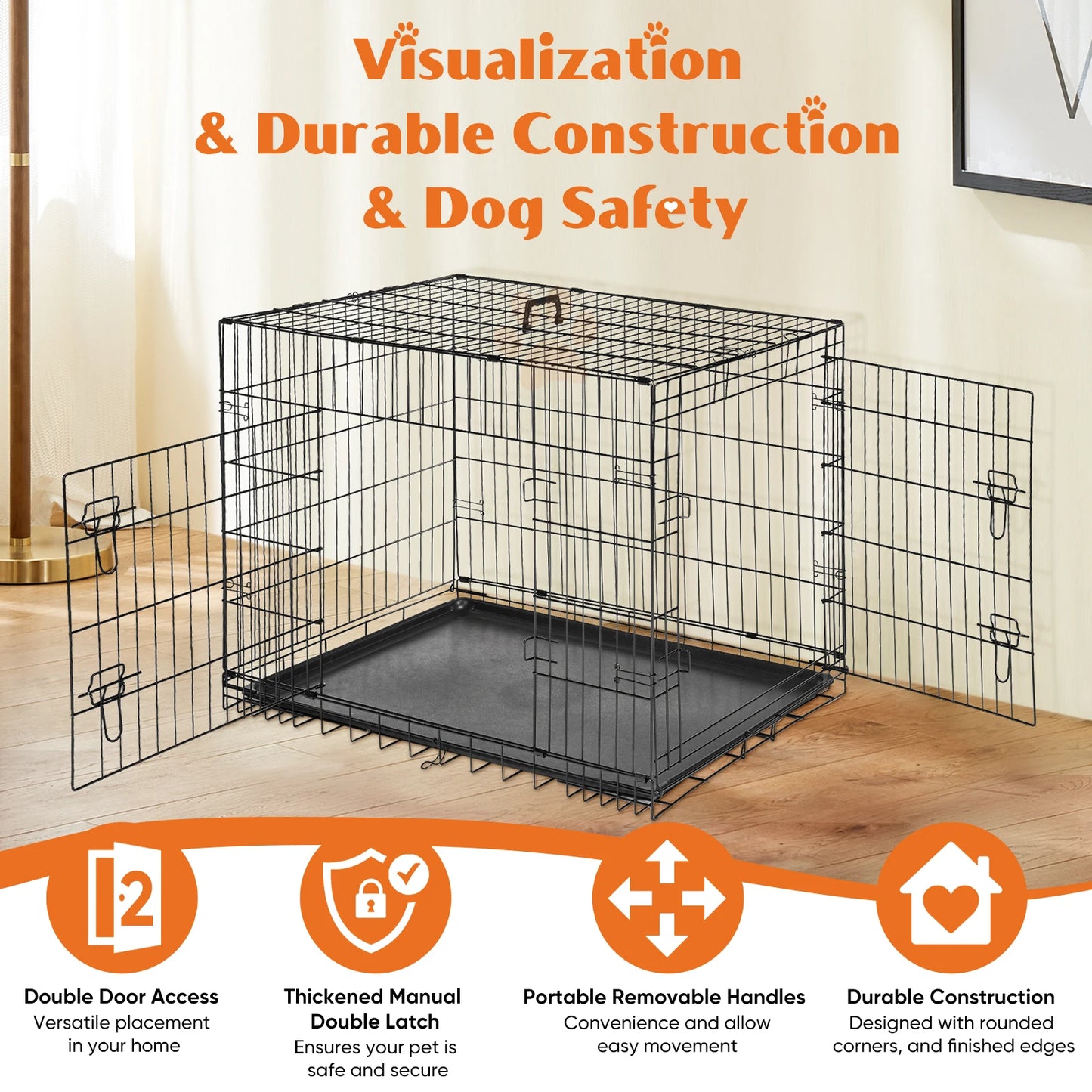 JHK Double Door Folding Metal Wire Dog Cage Travel