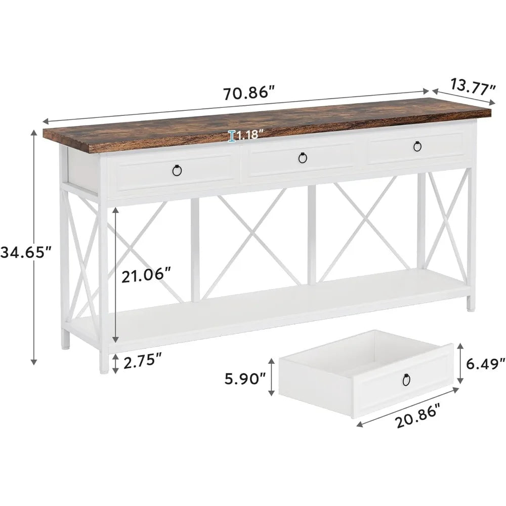 70.8 Inch Farmhouse Console Table With 3 Drawers White