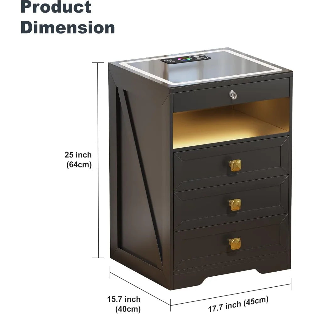 Modern LED Nightstand With 3 Drawers Glass Top And Wireless Charging