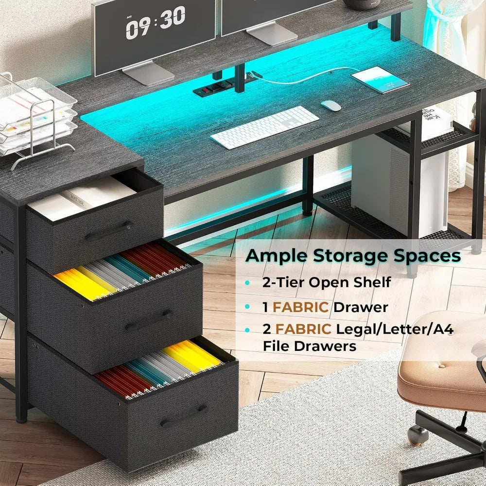 ZHUXIANG Computer Desk With Storage And LED Lighting