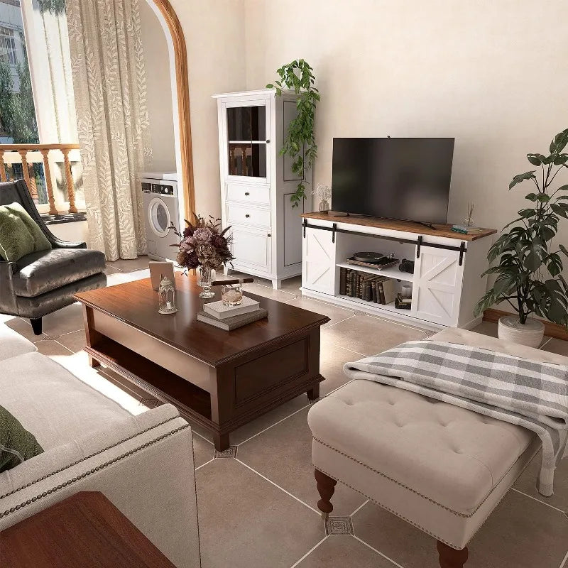Jummico 65 Inch TV Stand With Sliding Barn Doors White