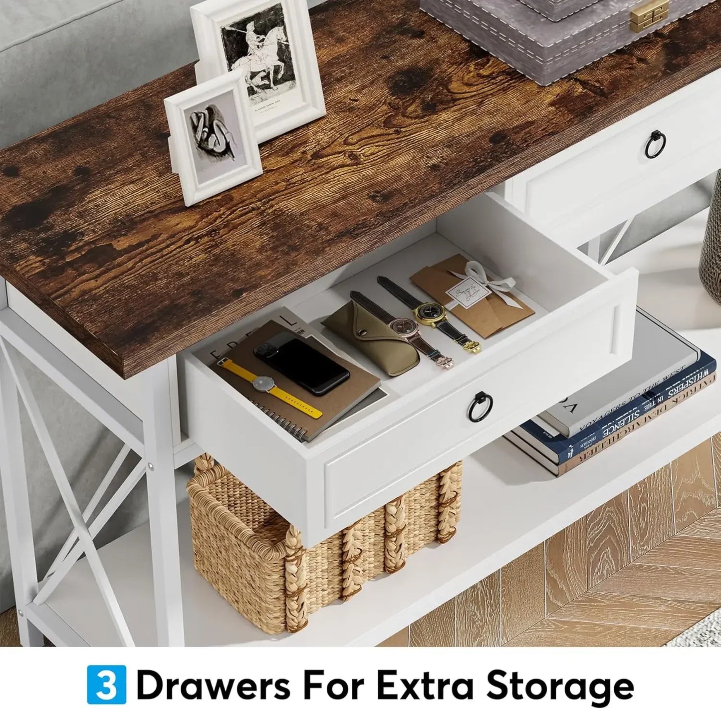 XMSJ Farmhouse Console Table With 3 Drawers Storage