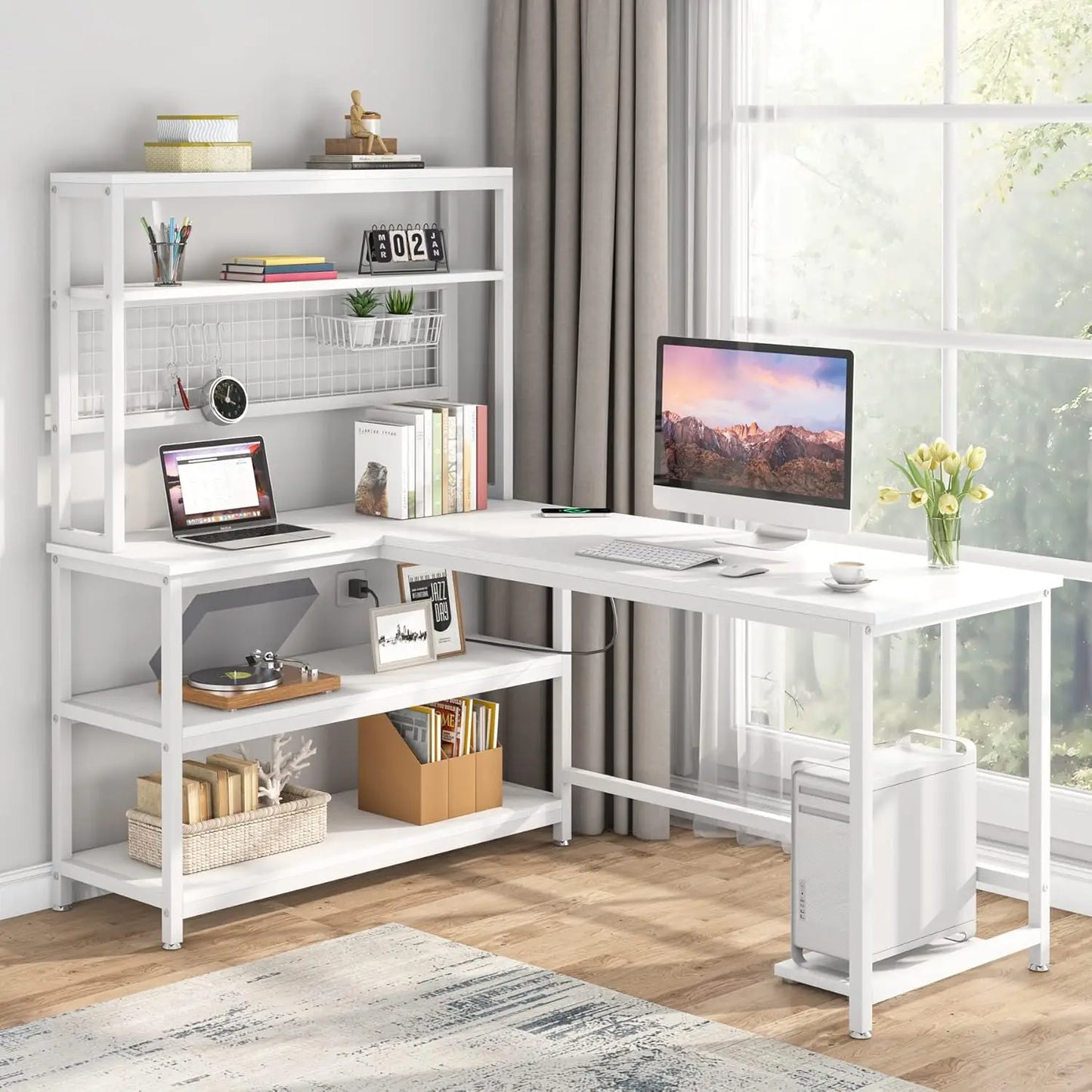 55 Inch L Shape Computer Desk With Hutch And Wireless