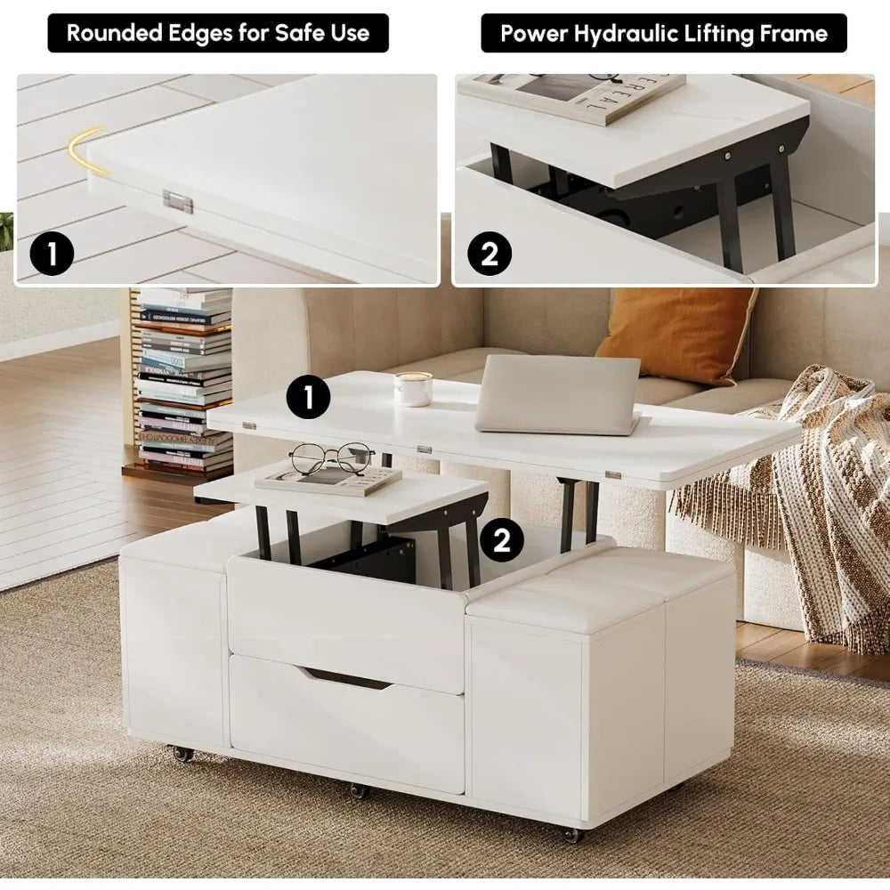 White Lift Top Coffee Table with Hidden Storage and 4 Stools Modern Multi-Function Folding Center Table on Casters