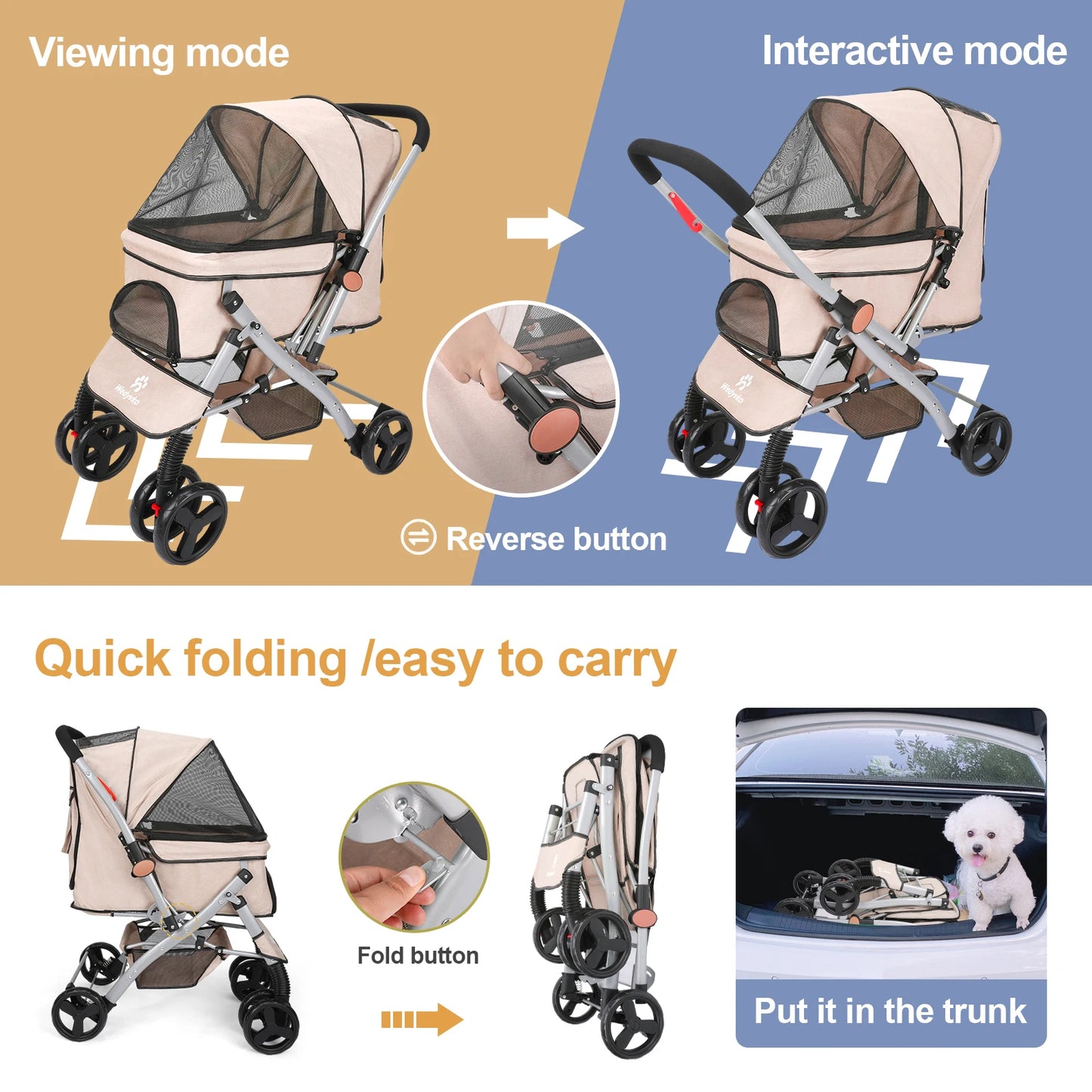 Wedyvko Foldable Cat Dog Stroller With ShockAbsorption
