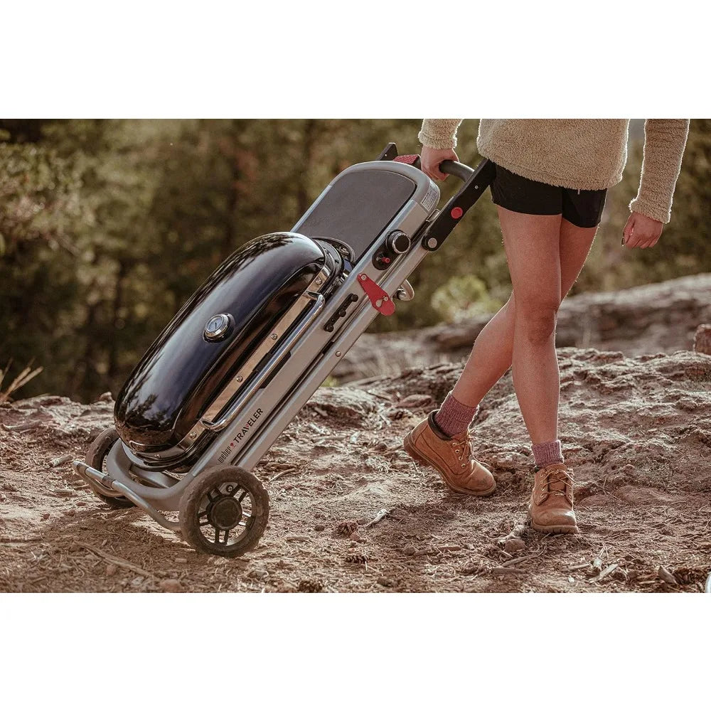 Traveler Portable Gas Grill With Enameled Cast Iron Cooking Grate For On The Go Grilling