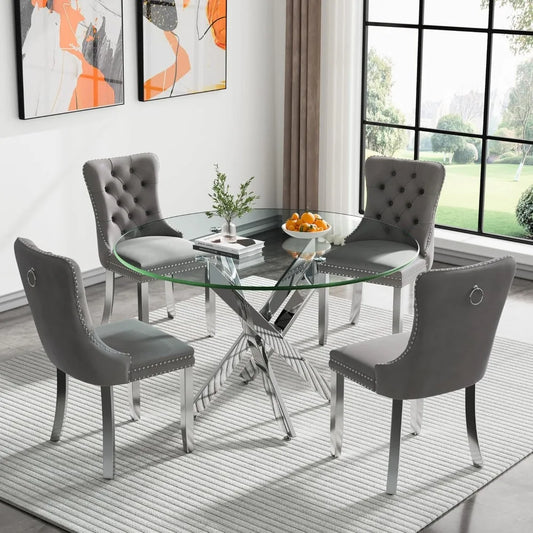 47.24 Inch Modern Silver Glass Dining Table Set For 4