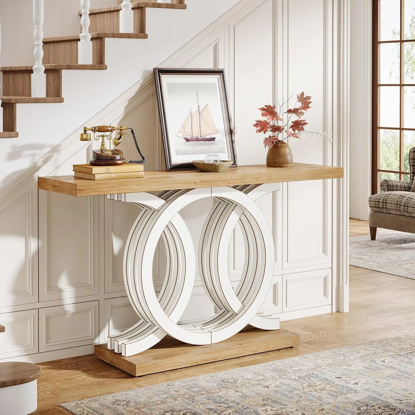 55 Inch Modern Console Table With Geometric Wood Base