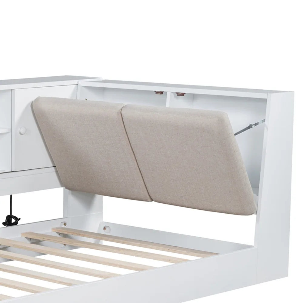 Wooden Twin Size L-shaped Daybed Floor Corner Bed with Storage Bookcase and Upholstered Headboard and USB Charging Ports White