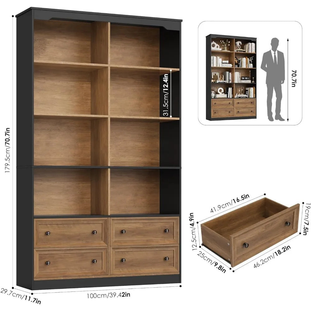 71 Inch Tall Bookshelf With 4 Drawers 6 Tier Wide Storage