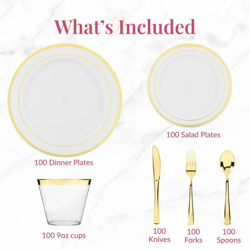 600 Piece Disposable Dinnerware Set 100 Guests Gold Cutlery