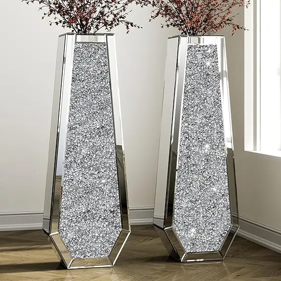 Crushed Diamond Floor Vases Mirrored Glass Finish Set Of Two