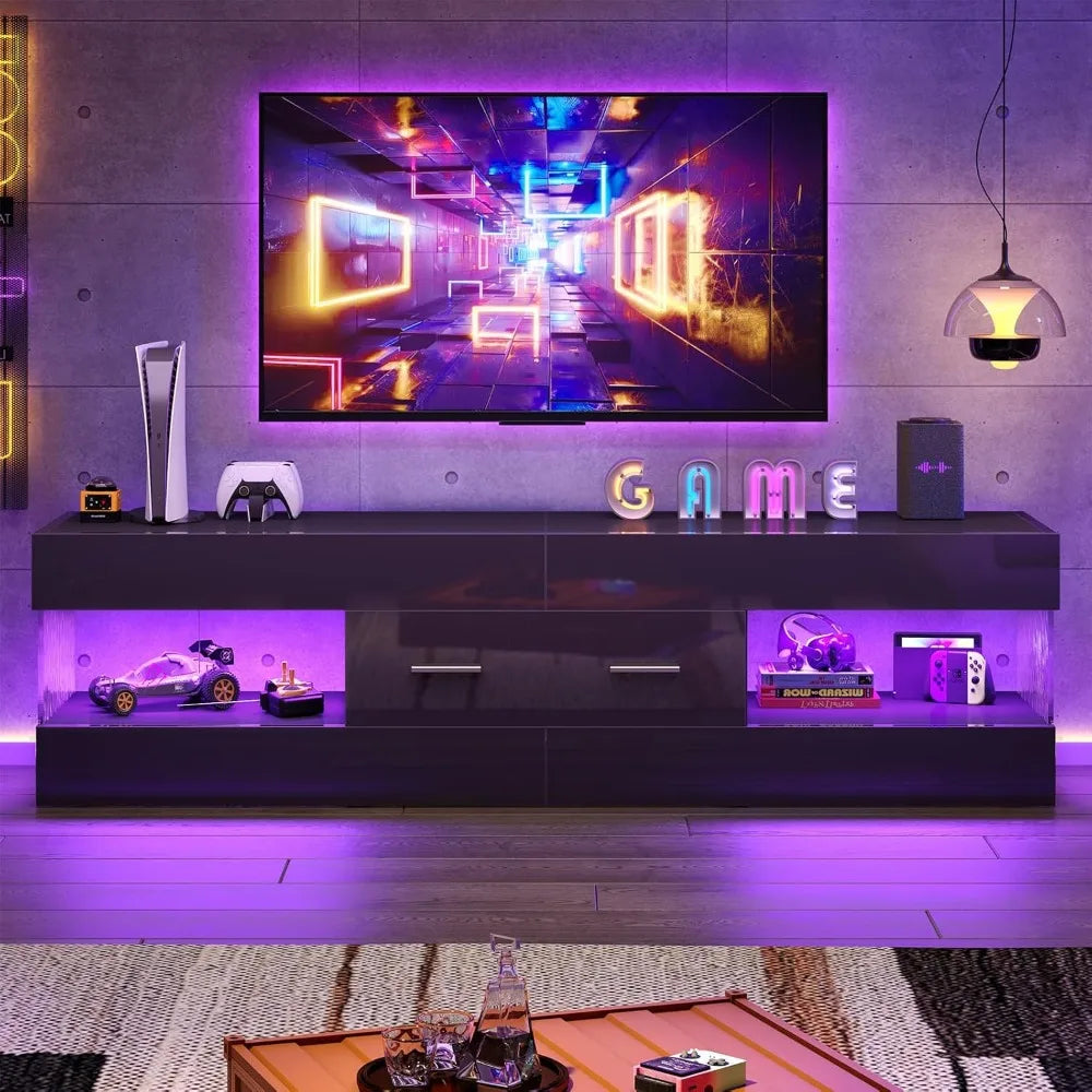 MKDK Modern LED TV Stand With Stone Pattern Panels