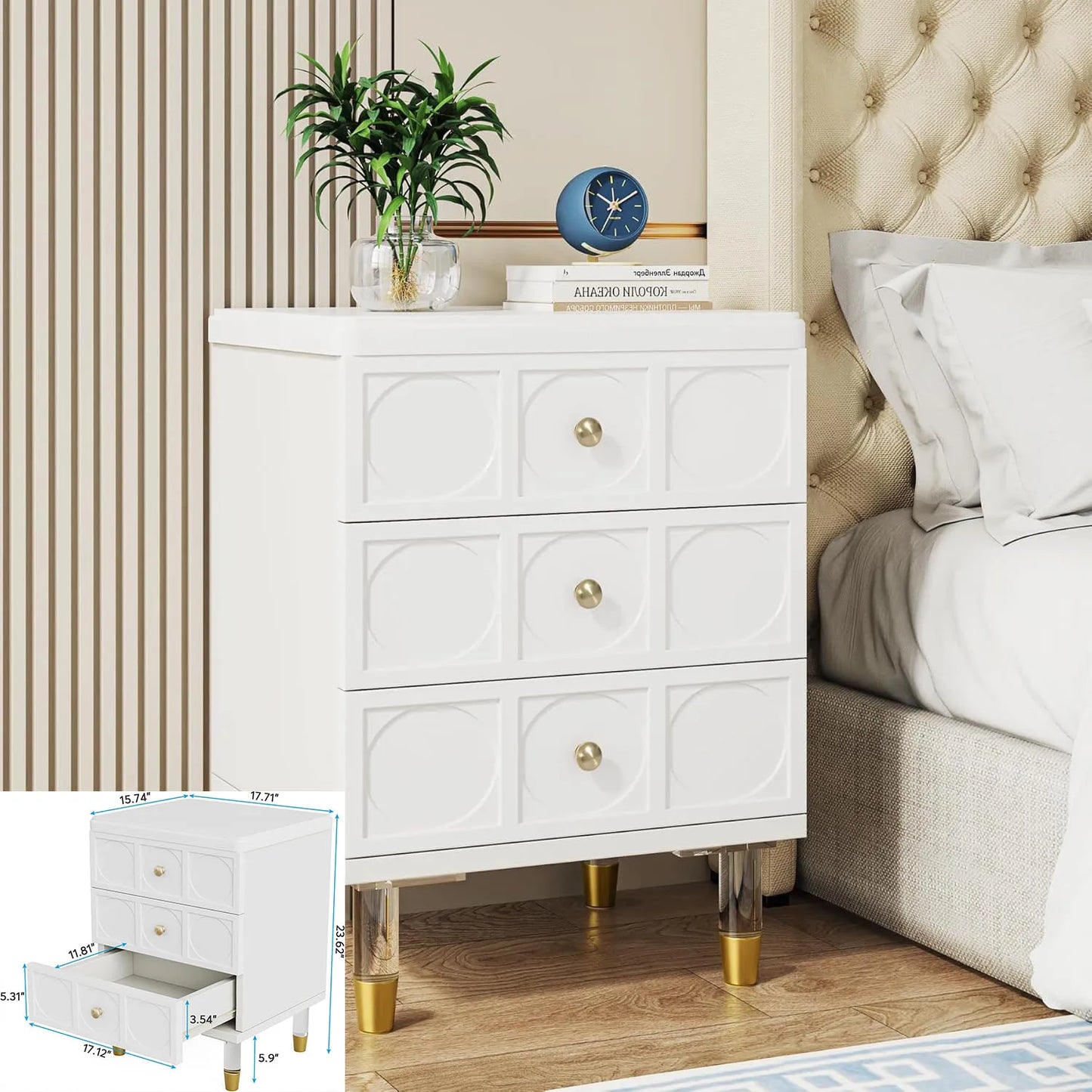Modern White Nightstand With 2 Drawers And Shelf For Bedroom