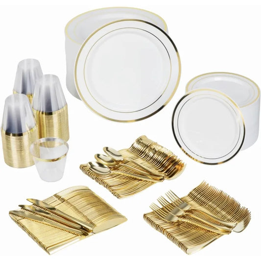 600 Piece Disposable Dinnerware Set 100 Guests Gold Cutlery