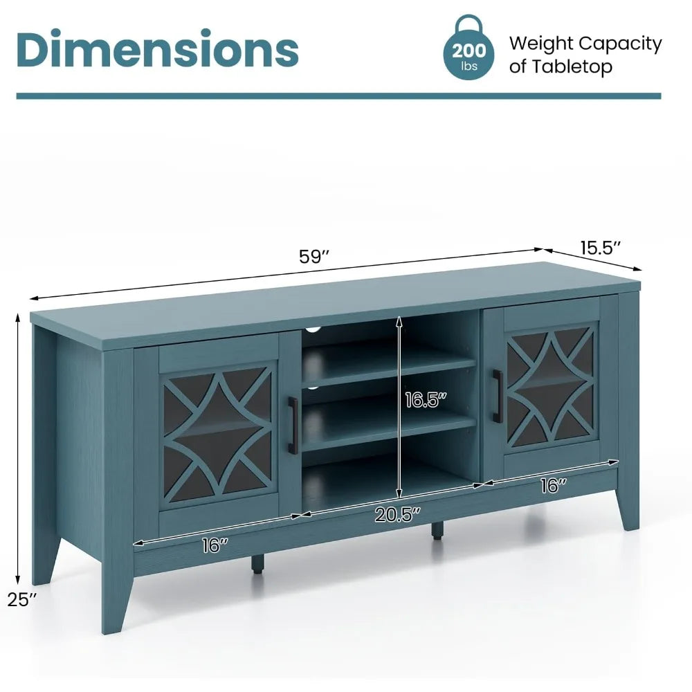 Farmhouse TV Stand For Up To 65 Inch TVs Teal Blue Storage