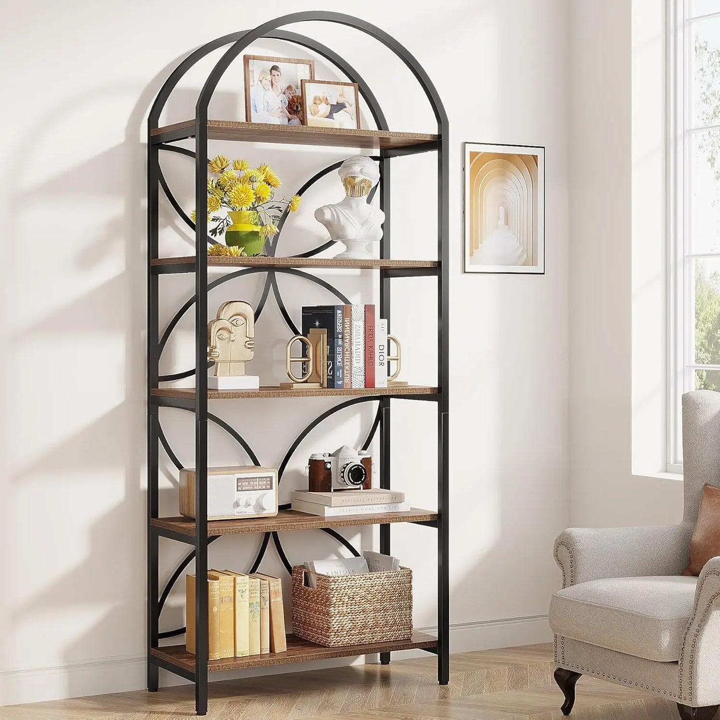 5 Tier Arched 75 Inch Bookshelf For Living Room Office