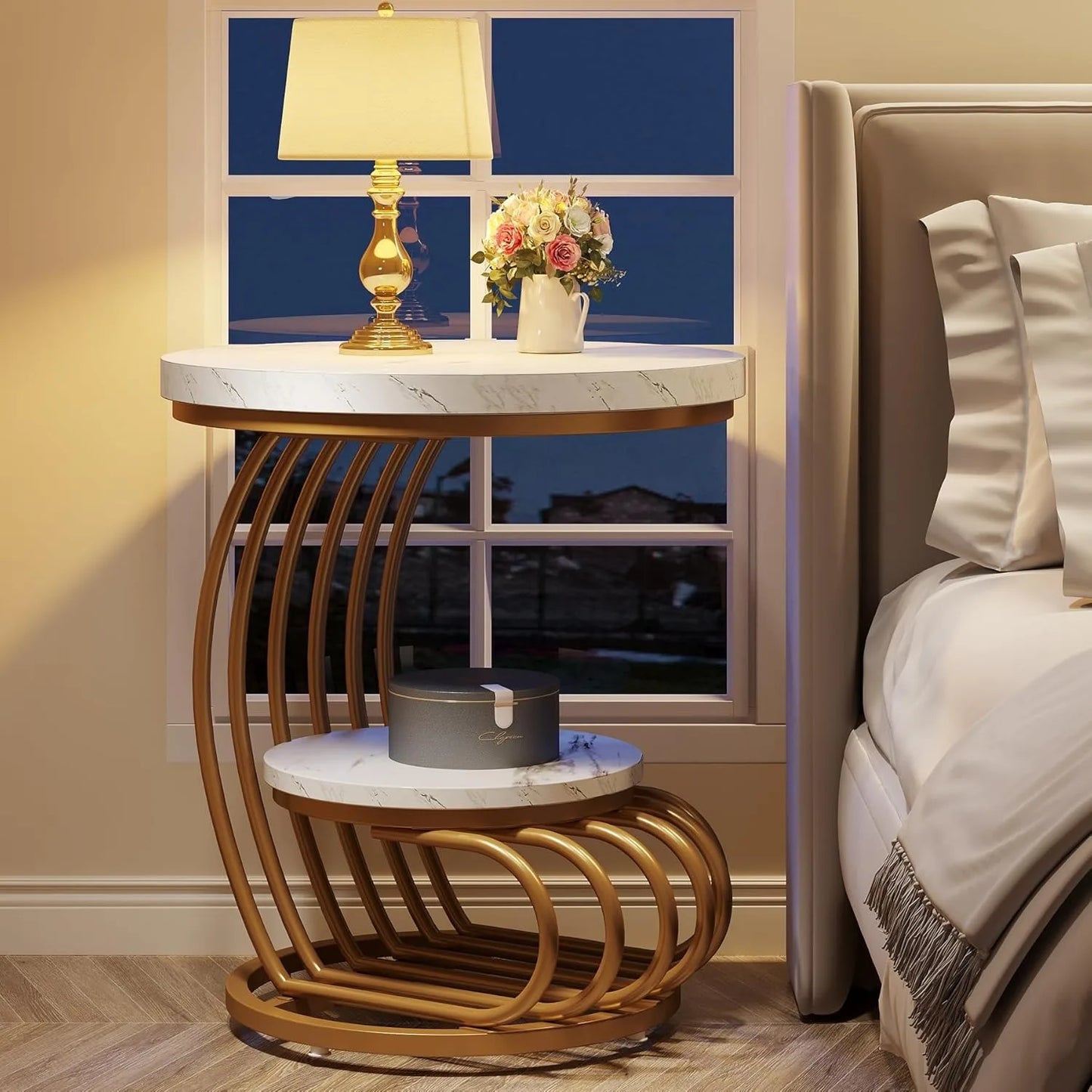 Round End Side Table with Two Tiers Storage Shelves Small Bedside Accent Table with Arc Shaped Frame