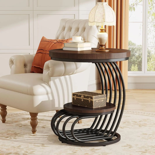 Round End Side Table with Two Tiers Storage Shelves Small Bedside Accent Table with Arc Shaped Frame