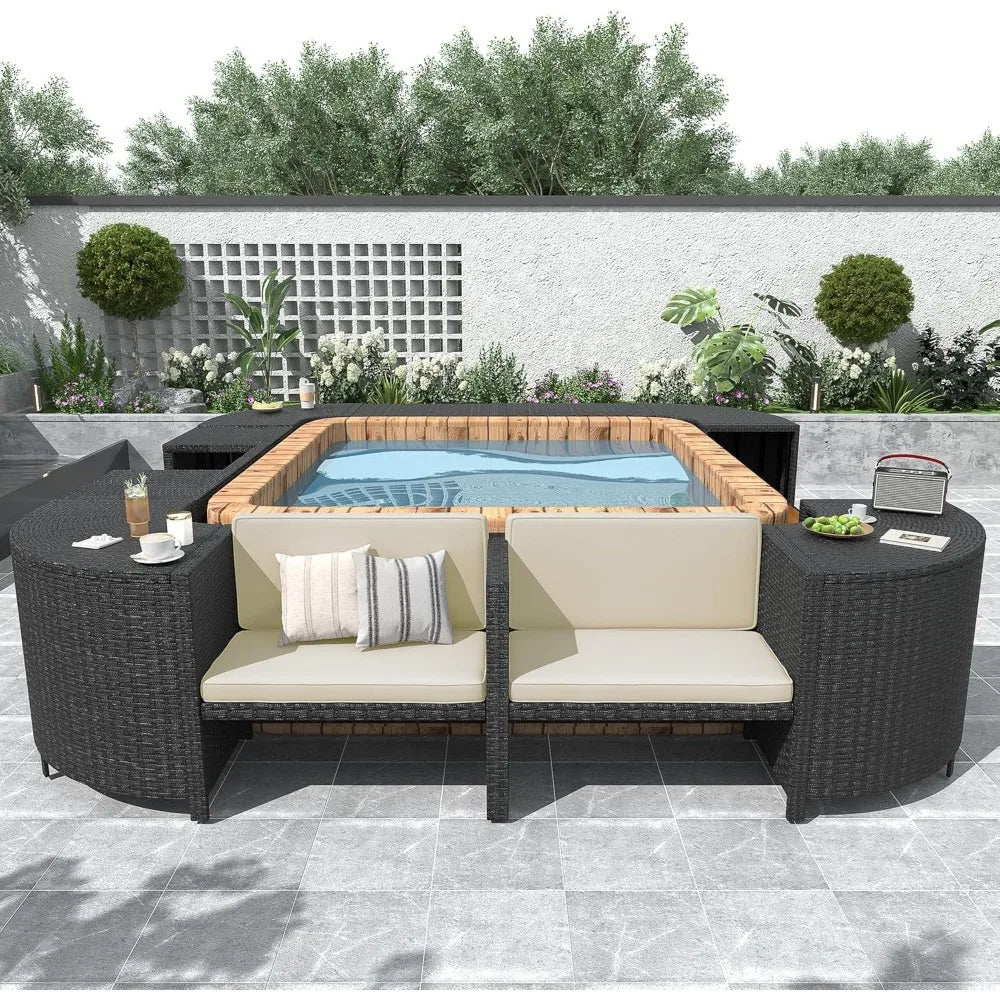 Spa Surround Outdoor Rattan Sofa Set With Wooden Seats